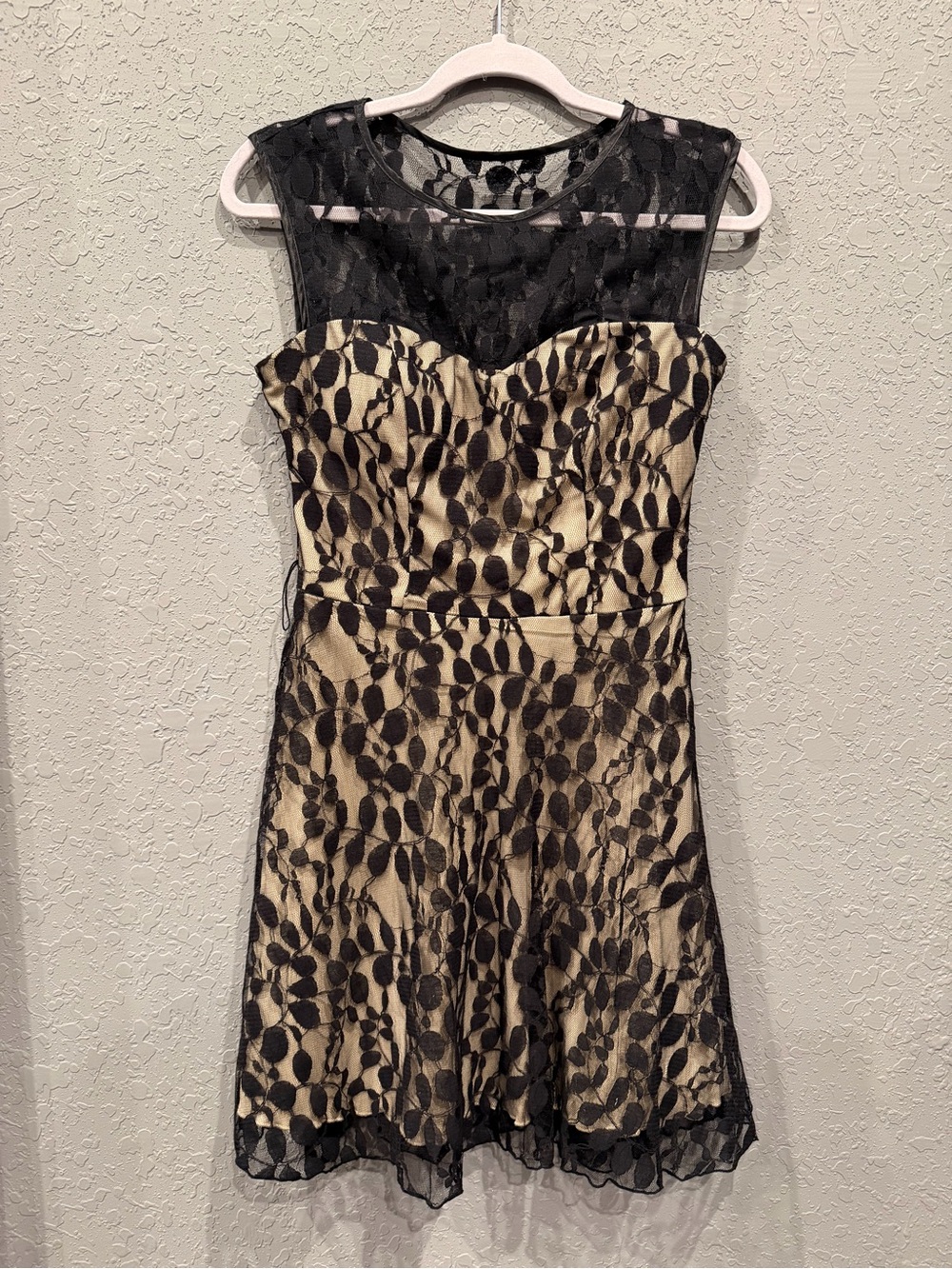 Speechless cocktail dress with floral lace overlay with nude lining